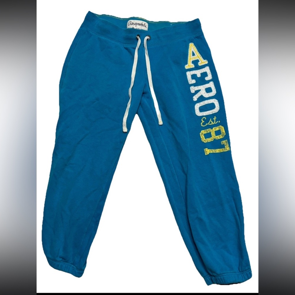 Aeropostale Y2K Large Spellout Logo Sweat Pants Sz.L Cropped Tapperd Teal